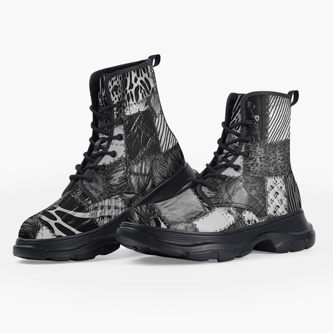 Casual Leather Chunky Boots Black and White Safari Patchwork