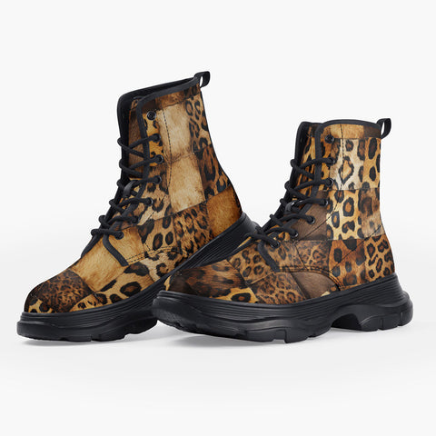 Casual Leather Chunky Boots Leopard Patchwork