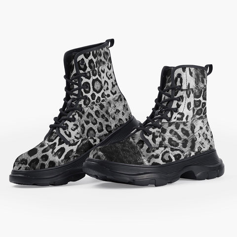 Casual Leather Chunky Boots Snow Leopard Patchwork