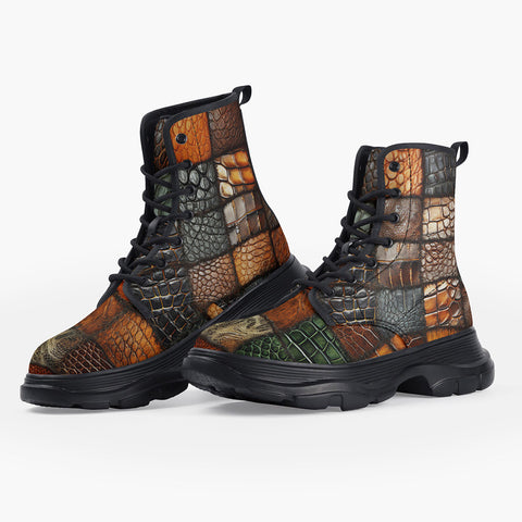 Casual Leather Chunky Boots Colorful Skin Mosaic