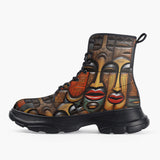 Casual Leather Chunky Boots Tribal Wooden Art