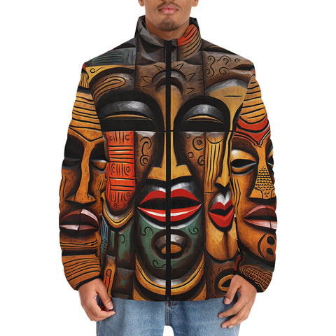 Down-Padded Puffer Jacket Tribal Wooden Art