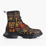 Casual Leather Chunky Boots Tribal Wooden Art