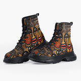 Casual Leather Chunky Boots Tribal Wooden Art