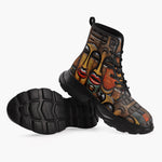 Casual Leather Chunky Boots Tribal Wooden Art