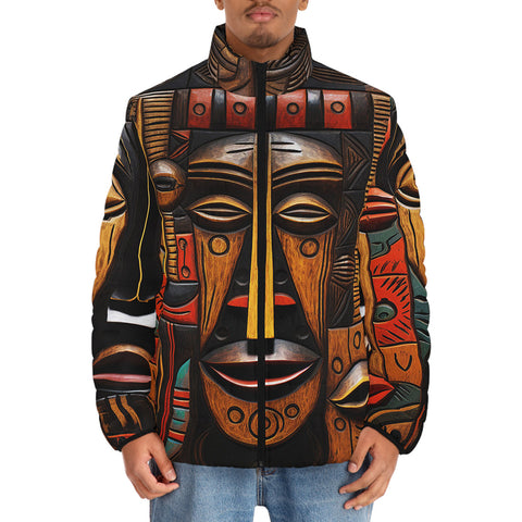 Down-Padded Puffer Jacket African Masks Art