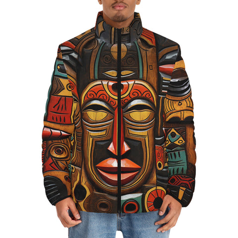 Down-Padded Puffer Jacket Faces Carved in Wood