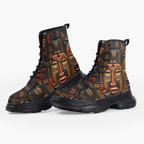 Casual Leather Chunky Boots Faces Carved in Wood