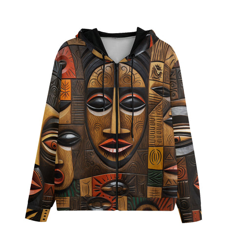 Men's Zip Up Hoodie Wooden Colorful Tribal Faces