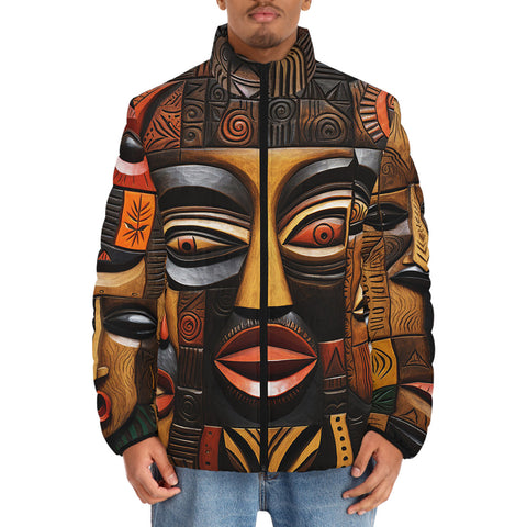 Down-Padded Puffer Jacket Wooden Colorful Tribal Faces