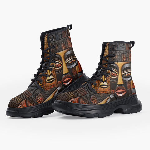 Casual Leather Chunky Boots Wooden Colorful Tribal Faces