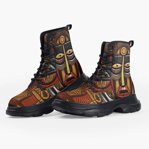 Casual Leather Chunky Boots African Wooden Art