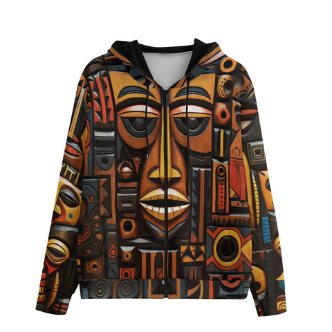 Men's Zip Up Hoodie African Carved Masks