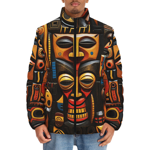 Down-Padded Puffer Jacket African Carved Masks