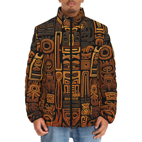 Down-Padded Puffer Jacket Carved Wood Tribal Symbols