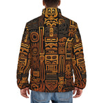 Down-Padded Puffer Jacket Carved Wood Tribal Symbols