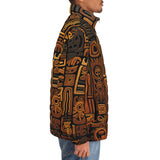 Down-Padded Puffer Jacket Carved Wood Tribal Symbols