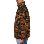 Down-Padded Puffer Jacket Carved Wood Tribal Symbols