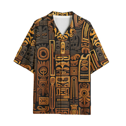 Hawaiian Shirt Carved Wood Tribal Symbols