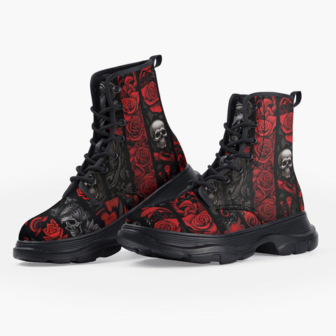 Casual Leather Chunky Boots Gothic Skulls and Roses