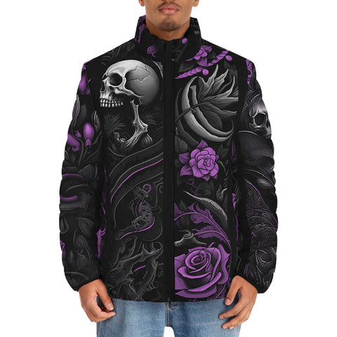 Down-Padded Puffer Jacket Flowers and Skulls Gothic Style