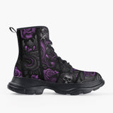 Casual Leather Chunky Boots Flowers and Skulls Gothic Style