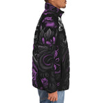 Down-Padded Puffer Jacket Flowers and Skulls Gothic Style