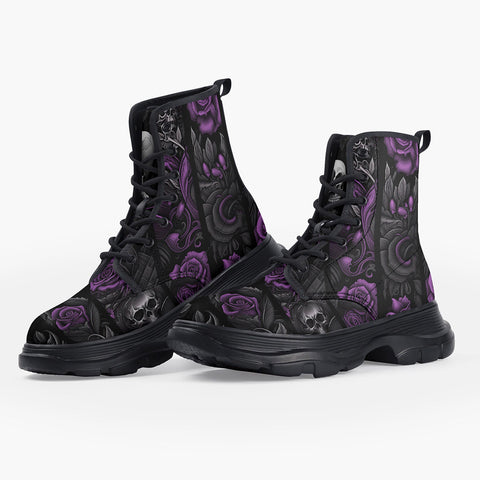 Casual Leather Chunky Boots Flowers and Skulls Gothic Style