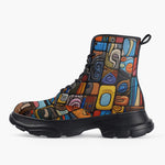 Casual Leather Chunky Boots Colorful Abstract Art Mosaic