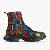 Casual Leather Chunky Boots Colorful Abstract Art Mosaic