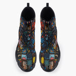 Casual Leather Chunky Boots Colorful Abstract Art Mosaic