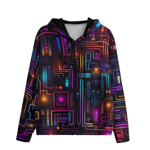 Men's Zip Up Hoodie Futuristic Circuit Board Neon Art