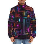 Down-Padded Puffer Jacket Futuristic Circuit Board Neon Art