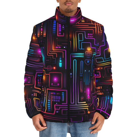 Down-Padded Puffer Jacket Futuristic Circuit Board Neon Art