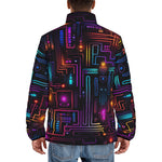 Down-Padded Puffer Jacket Futuristic Circuit Board Neon Art