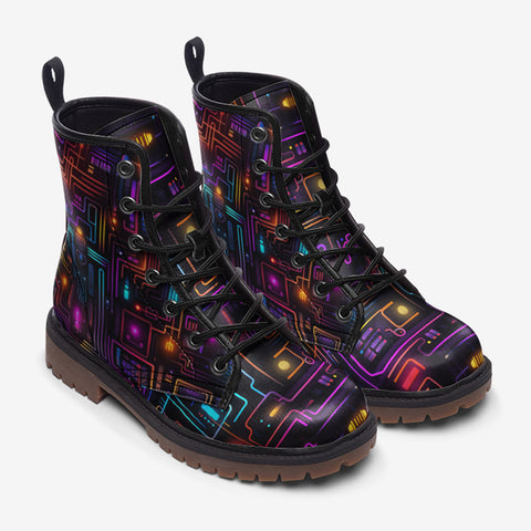 Leather Boots Futuristic Circuit Board Neon Art