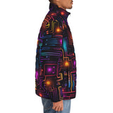 Down-Padded Puffer Jacket Futuristic Circuit Board Neon Art