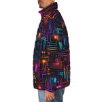 Down-Padded Puffer Jacket Futuristic Circuit Board Neon Art
