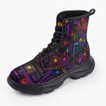 Casual Leather Chunky Boots Futuristic Circuit Board Neon Art