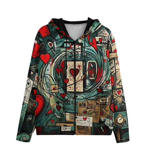 Men's Zip Up Hoodie Graffiti Hearts Abstraction