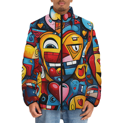 Down-Padded Puffer Jacket Colorful Heart Shapes Graffiti