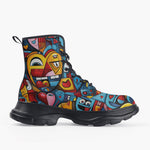 Casual Leather Chunky Boots Colorful Heart Shapes Graffiti