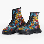 Casual Leather Chunky Boots Colorful Heart Shapes Graffiti