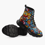Casual Leather Chunky Boots Colorful Heart Shapes Graffiti