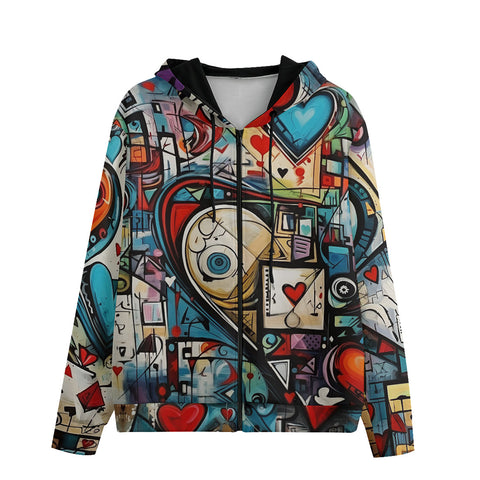 Men's Zip Up Hoodie Abstract Painting with Hearts