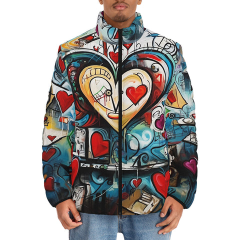 Down-Padded Puffer Jacket Abstract Painting with Hearts
