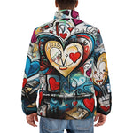 Down-Padded Puffer Jacket Abstract Painting with Hearts