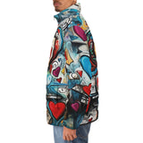 Down-Padded Puffer Jacket Abstract Painting with Hearts