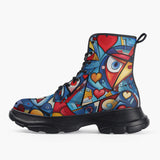 Casual Leather Chunky Boots Graffiti Love Hearts