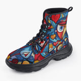 Casual Leather Chunky Boots Graffiti Love Hearts